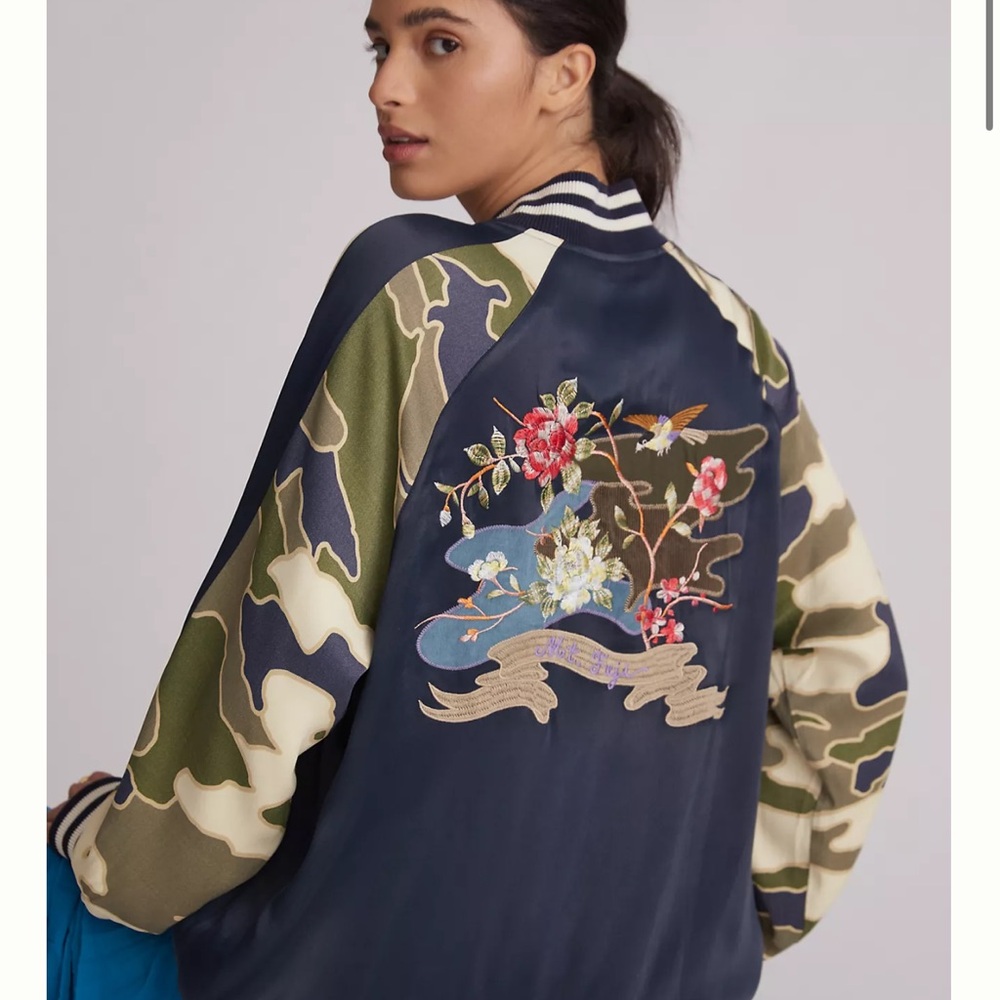 Anthropologie Navy Floral Embroidered Bomber Jacket